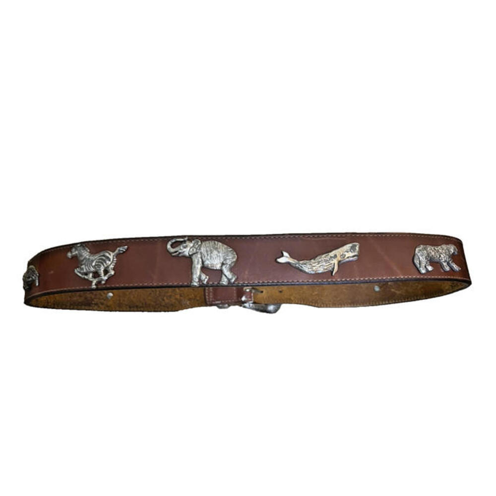 Vtg 92 Honest by Brighton Brown Leather Belt Safari Animals -Conchos Cowhide
